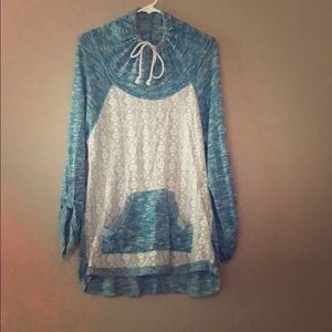 Lightweight blue sweater with lace front